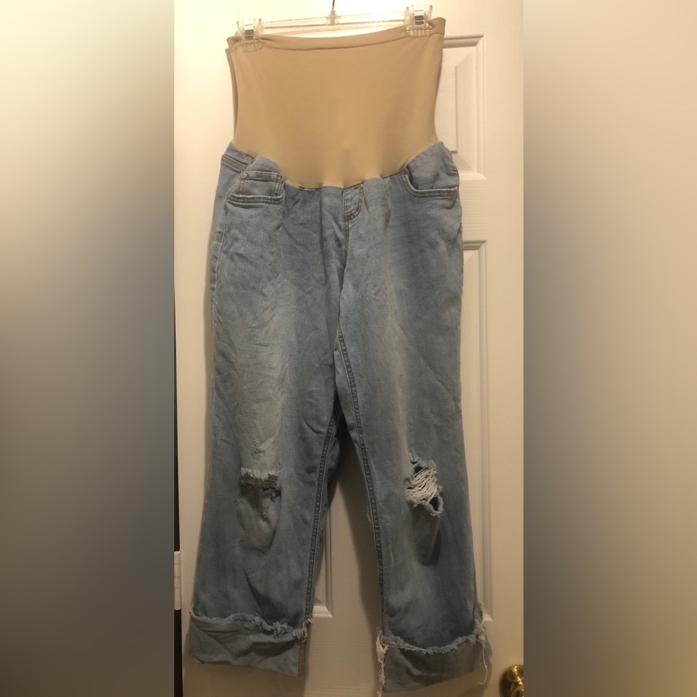 Indigo Blue distressed/cropped Maternity Jeans. Size XL. Good used condition.